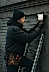 Commercial electricians putting a flood light up in prep for winder